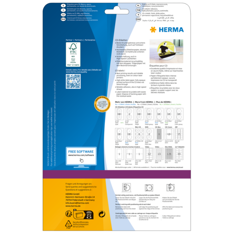 Rückseite einer Verpackung für CD-Etiketten von HERMA mit Anleitungen, QR-Code und Informationen zur kostenlosen Software.