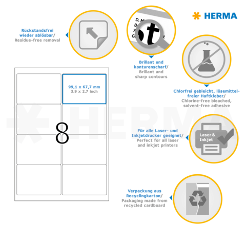 Selbstklebende Etiketten mit den Maßen 99,1 x 67,7 mm, geeignet für Laser- und Inkjetdrucker, umweltfreundliche Verpackung.