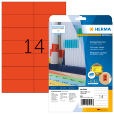 Rote Etiketten mit der Nummer 14 auf einem Blatt, verpackt in einer transparenten Hülle mit Informationen zu farbigen Etiketten.