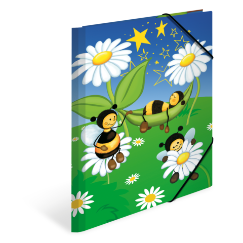 Bunte Illustration mit drei Bienen, die auf Blumen sitzen, umgeben von grünen Blättern und einem blauen Himmel mit Sternen.