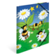 Bunte Illustration mit drei Bienen, die auf Blumen sitzen, umgeben von grünen Blättern und einem blauen Himmel mit Sternen.