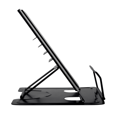 Schwarzer Laptop-Ständer in aufrechter Position, mit mehreren Einstellmöglichkeiten für den Bildschirmwinkel.