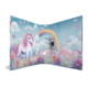 Ein Ordner mit einem Einhorn auf der Vorderseite, umgeben von bunten Blumen und einem Regenbogen vor einem wolkigen Himmel.