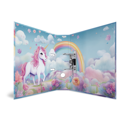 Ein Ordner mit einem Einhorn auf der Vorderseite, umgeben von bunten Blumen und einem Regenbogen vor einem wolkigen Himmel.