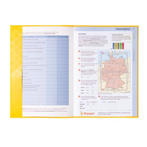 Ein aufgeschlagener Atlas mit einer Karte von Deutschland und einer Tabelle zur Kartennavigation. Informationen zu geografischen Merkmalen sind sichtbar.