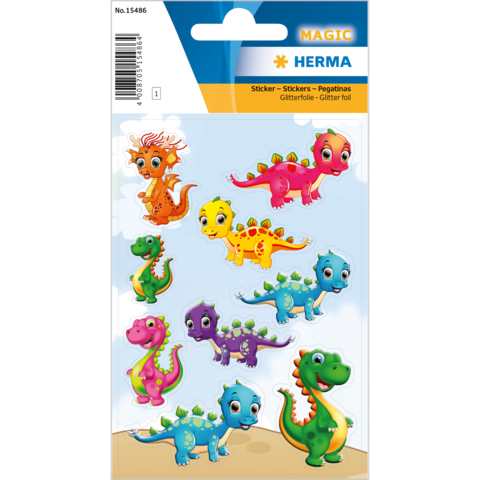 Bunte Dinosaurier-Sticker in verschiedenen Farben und Designs, auf einer Verpackung mit dem Titel "MAGIC HERMA".
