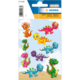 Bunte Dinosaurier-Sticker in verschiedenen Farben und Designs, auf einer Verpackung mit dem Titel "MAGIC HERMA".