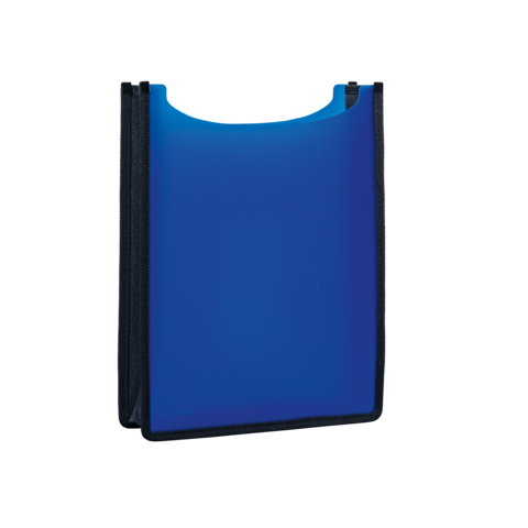 Blauer Ordner mit schwarzem Rand, offen an der Oberseite, für die Aufbewahrung von Dokumenten oder Unterlagen.