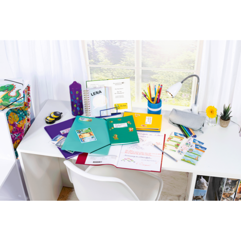 Ein Schreibtisch mit bunten Ordnern, Schreibmaterialien, einer Lampe und einer Blume. Im Hintergrund sind Fenster und ein farbenfrohes Aufbewahrungselement sichtbar.