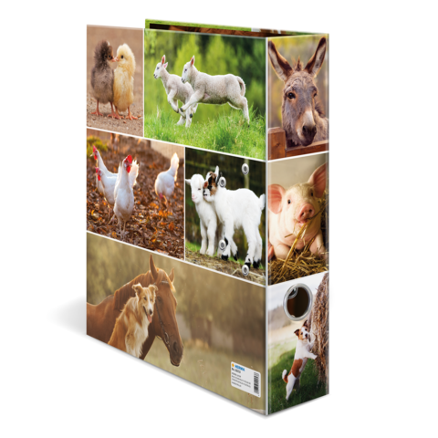 Eine Sammlung von Tieren, darunter Küken, Lämmer, Esel, Hühner, Ziegen, Schweine und Pferde, in verschiedenen Posen und Umgebungen.