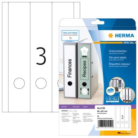 Ordneretiketten für Finanzen und Rezepte, inklusive Software zur Erstellung. Verpackung zeigt zwei beschriftete Ordner mit Nummern.