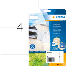 Etiketten aus Recyclingpapier in einer Verpackung, die 80 Stück enthält. Größe 105 x 148 mm, mit Softwarehinweis.