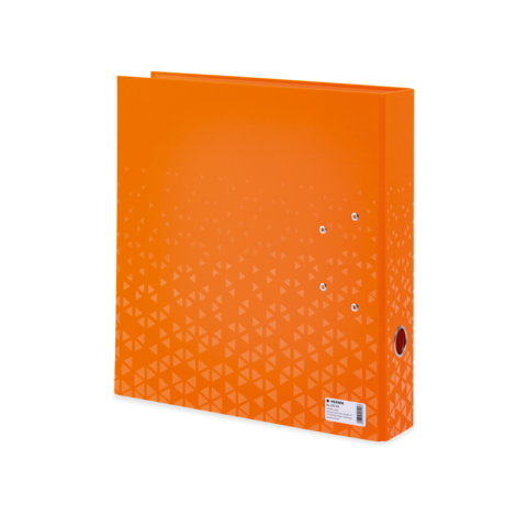 Oranger Ordner mit einem geometrischen Muster in helleren Tönen, ausgestattet mit einer Lochung und einem Etikett auf der Vorderseite.