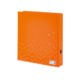 Oranger Ordner mit einem geometrischen Muster in helleren Tönen, ausgestattet mit einer Lochung und einem Etikett auf der Vorderseite.