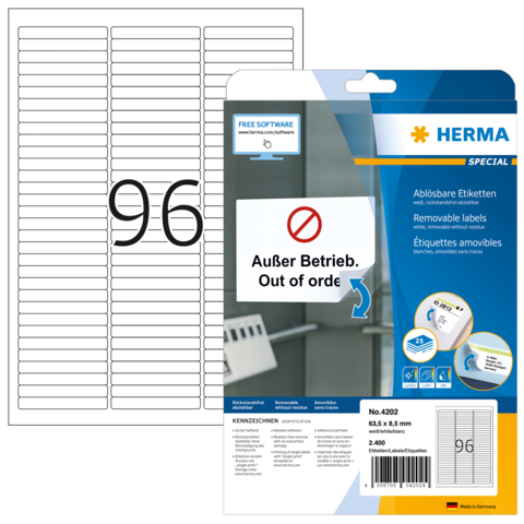 Packung mit ablösbaren Etiketten von Herma, inklusive 96 Etiketten auf einem Bogen. Hinweis: "Außer Betrieb" auf der Vorderseite.