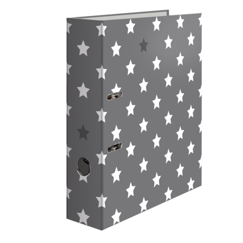 Grauer Ordner mit weißen und grauen Sternen auf der Oberfläche.