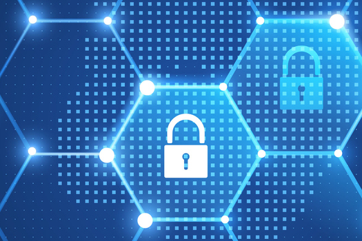 Een digitaal netwerk met hexagonale patronen en slot-symbolen, dat veiligheid en privacy vertegenwoordigt.