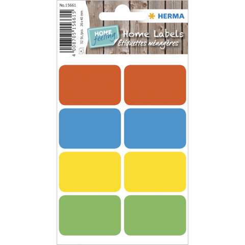 Bunte Etiketten in verschiedenen Farben (rot, orange, blau, gelb, grün) auf einem weißen Hintergrund, beschriftet mit "Home Labels" und "Étiquettes ménagères".