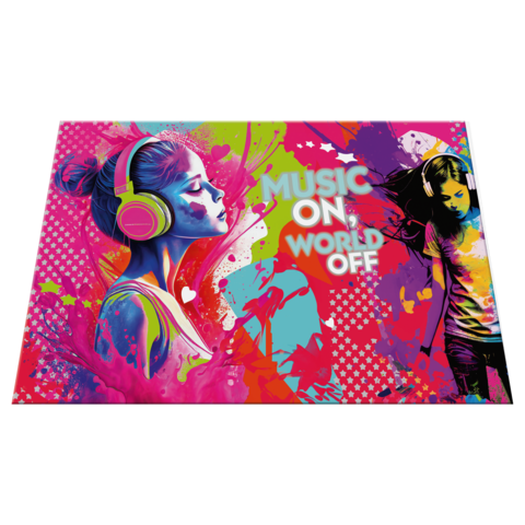 Bunte Illustration von zwei Frauen mit Kopfhörern, umgeben von abstrakten Farben und dem Text "MUSIC ON WORLD OFF".