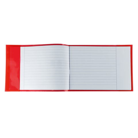 Ein offenes Notizbuch mit linierten Seiten und rotem Einband.