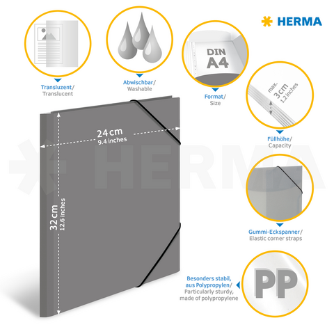 Grijze, transparante A4-map met elastische hoeken, afwasbaar, van polypropyleen, afmetingen 24 cm x 32 cm, geschikt voor documenten.