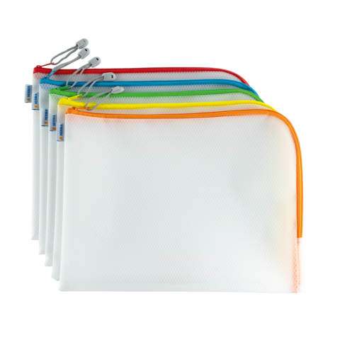 Sechs transparente Taschen mit bunten Reißverschlüssen in Rot, Gelb, Grün, Blau und Orange, angeordnet von vorne nach hinten.