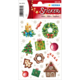 Weihnachtliche Aufkleber mit Kerzen, Geschenken, einem Weihnachtsbaum, Süßigkeiten, einem Lebkuchenhaus und Schneeflocken.