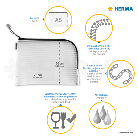 Transparente A5-Tasche mit Reißverschluss, aus flexiblem, wasserfestem EVA-Material, geeignet für Lebensmittelkontakt und abwischbar.