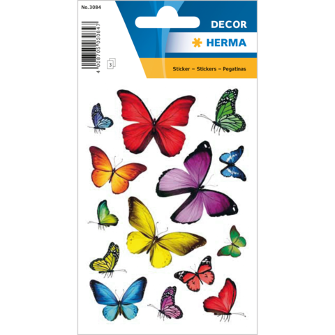 Bunte Schmetterlingsaufkleber in verschiedenen Größen und Designs auf einem weißen Hintergrund, ideal für Dekorationen.
