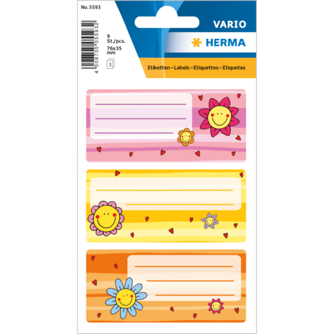 Bunte Etiketten mit fröhlichen Blumen und Sonnen, in rosa, gelb und orange, zum Beschriften von Gegenständen.