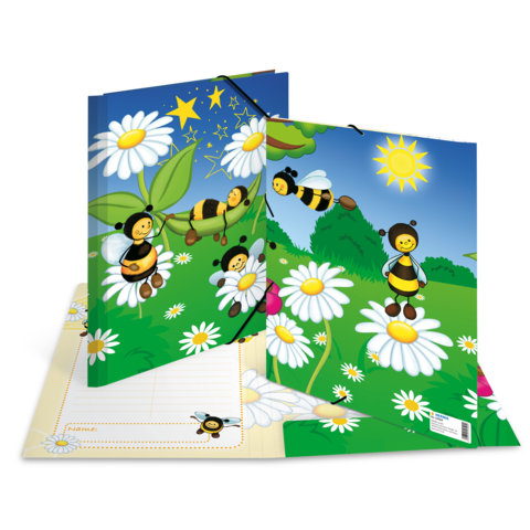 Bunte Schulmappe mit Bienen und Margeriten, unter einem sonnigen Himmel, zeigt fröhliche Bienen, die um Blumen fliegen.