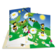 Bunte Schulmappe mit Bienen und Margeriten, unter einem sonnigen Himmel, zeigt fröhliche Bienen, die um Blumen fliegen.