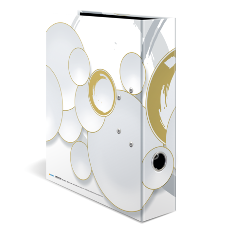 Ein Ordner mit einem modernen Design in Weiß und Gold, verziert mit verschiedenen kreisförmigen Elementen.