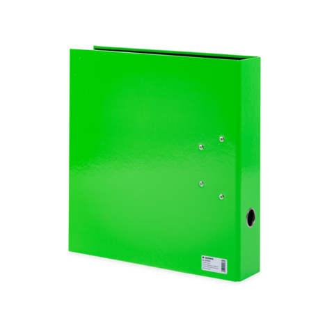 Grüner Ordner mit glatter Oberfläche und einer Öffnung an der Seite, geeignet für die Aufbewahrung von Dokumenten.