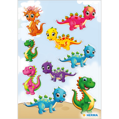 Bunte Dinosaurier-Sticker in verschiedenen Farben und Formen, darunter ein orangefarbener, pinker und grüner Dinosaurier.