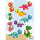 Bunte Dinosaurier-Sticker in verschiedenen Farben und Formen, darunter ein orangefarbener, pinker und grüner Dinosaurier.