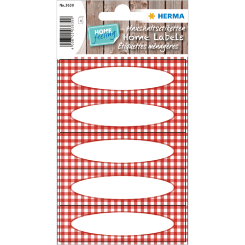 Rote Karomuster-Etiketten mit ovalen Beschriftungsfeldern, verpackt unter der Marke Herma. Ideal für Haushaltsorganisation.