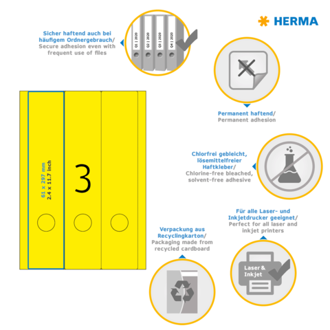 Gelbe Ordneretiketten mit permanentem Haftvermögen, geeignet für Laser- und Inkjetdrucker, aus recyceltem Karton, chlorfrei gebleicht.