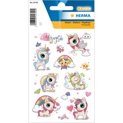 Bunte Aufkleber mit Einhörnern, Regenbögen, Herzen und anderen magischen Motiven, ideal für kreative Projekte.