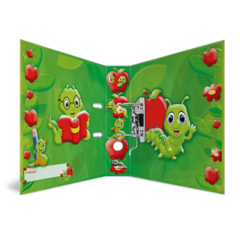 Bunte Ordner mit cartoonhaften Raupen und Äpfeln, umgeben von grünen Blättern und Blumen. Enthält Platz für einen Namen.