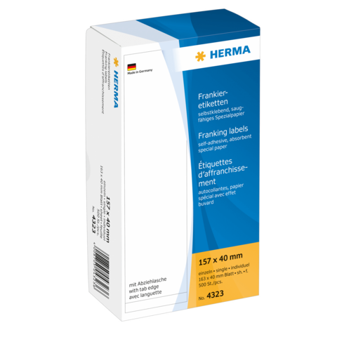 Selbstklebende Frankieretiketten in einer Verpackung, Größe 157 x 40 mm, geeignet für den Versand.