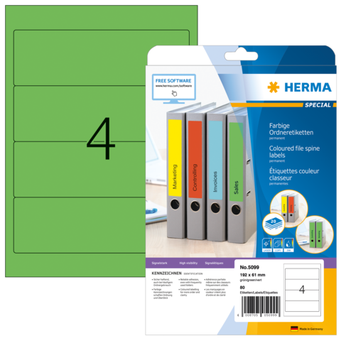 Grüne Ordneretiketten mit der Nummer 4 und einem Rückseitendesign, das verschiedene beschriftete Ordner zeigt.