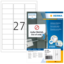 Aufkleberbogen mit ablösbaren Etiketten, beschriftet mit "Außer Betrieb" und der Nummer 27. Verpackung von HERMA.