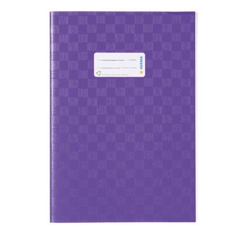 Lila Heft mit einem Aufkleber für persönliche Angaben auf der Vorderseite.