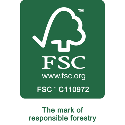 FSC-Logo mit dem Text „Das Zeichen für verantwortungsvolle Forstwirtschaft“ und der Website www.fsc.org.
