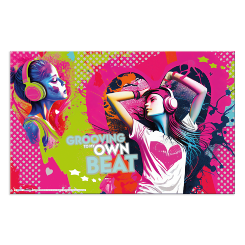 Zwei stilisierte Frauen mit Kopfhörern, die Musik genießen, umgeben von bunten, grafischen Elementen und dem Text "GROOVING TO MY OWN BEAT".