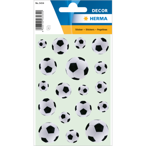 Aufkleber mit verschiedenen Größen von Fußballmotiven auf grünem Hintergrund, verpackt in einer dekorativen Blisterverpackung.