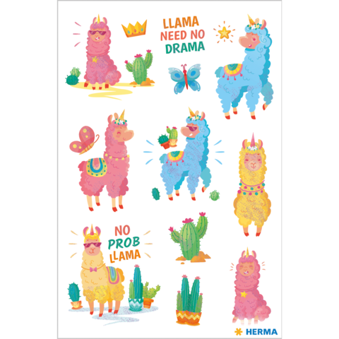 Bunte Illustrationen von Lamas in verschiedenen Posen, mit Accessoires und Sprüchen wie "Llama need no drama" und "No prob llama".