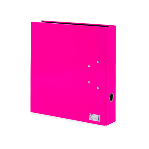 Ein leuchtend pinkfarbener Ordner mit zwei Ringen und einer Öffnung auf der Seite.