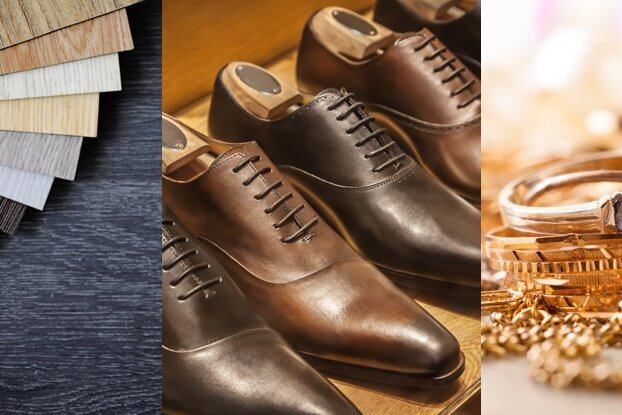 Collage sectoren steen-, kunststof-, parket-, leer-, sieraden-, houtindustrie